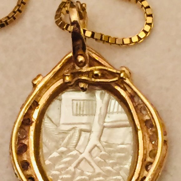14k Diamond Mother of Pearl Pendant Necklace Enhancer Portrait Landscape MOP Vtg - Picture 2 of 14